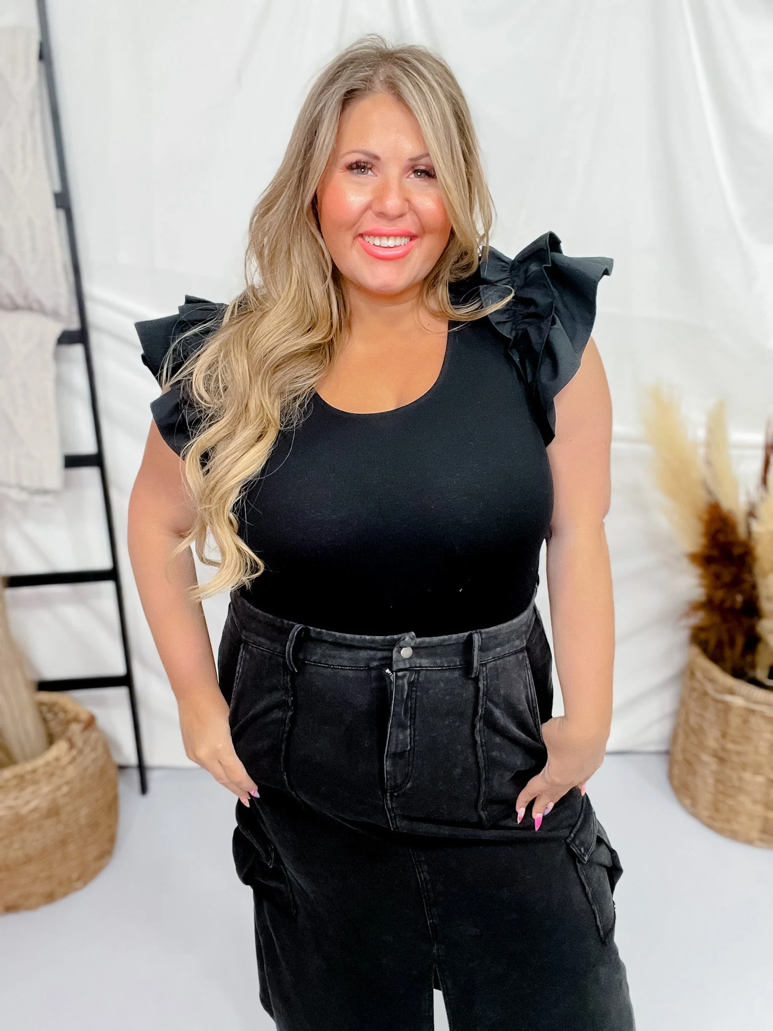 Tiered Ruffle Sleeves Rib-Knit Top FINAL SALE