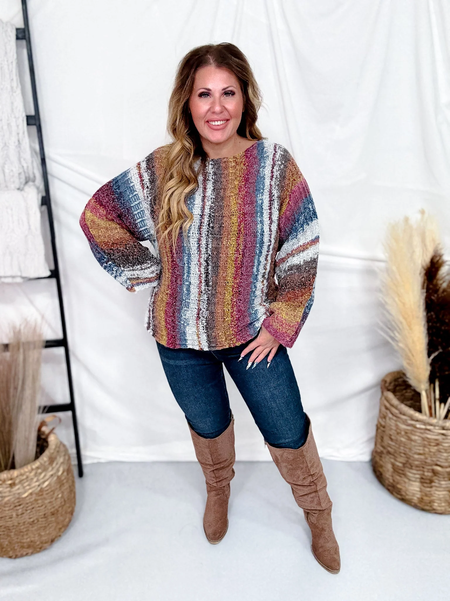 Vertical Striped Boat Neck Sweater In Burgundy FINAL SALE - Image 2