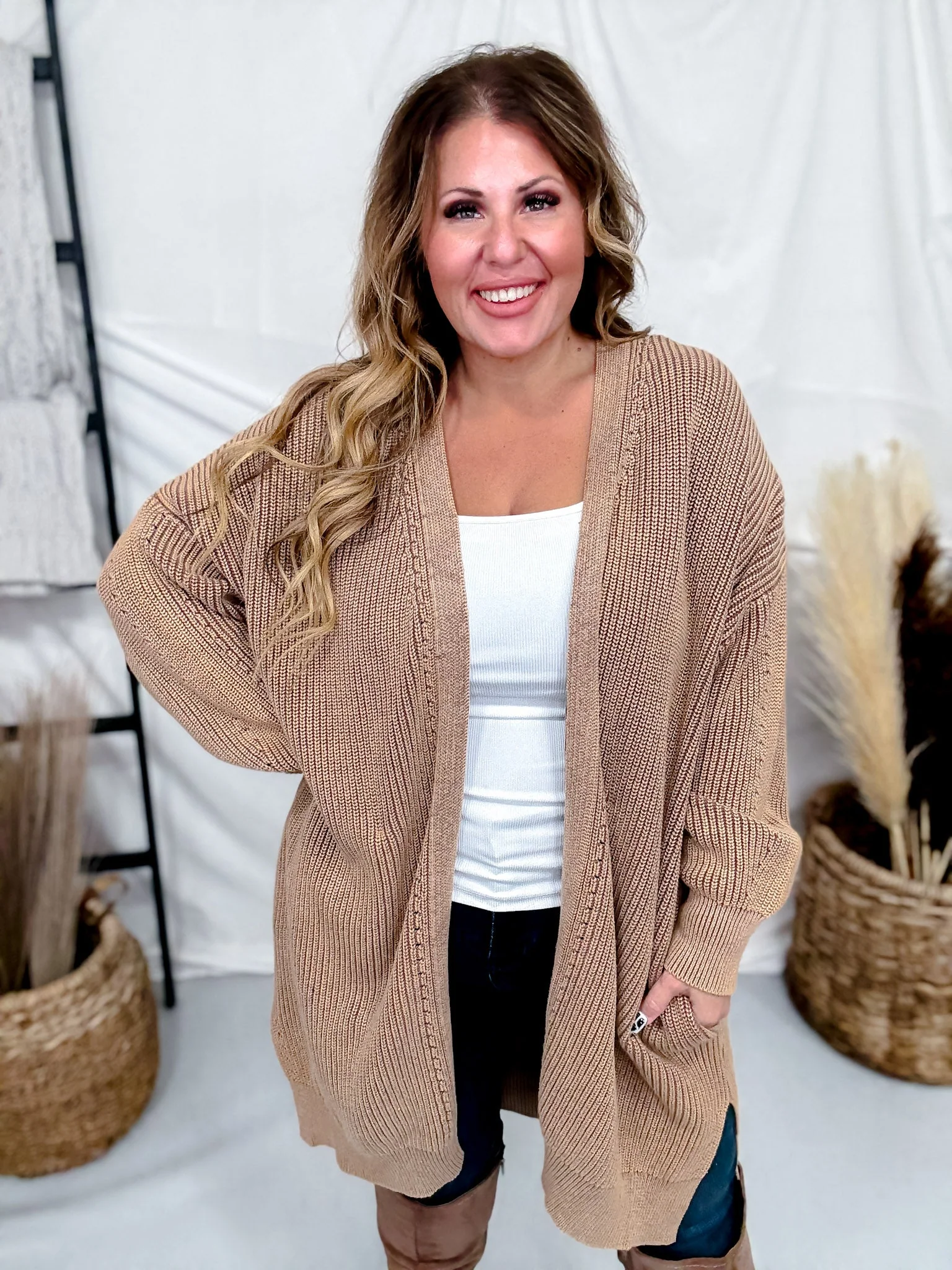 Washed Ash Brown Long Sleeve Open Cardigan W/ Side Pockets FINAL SALE - Image 4