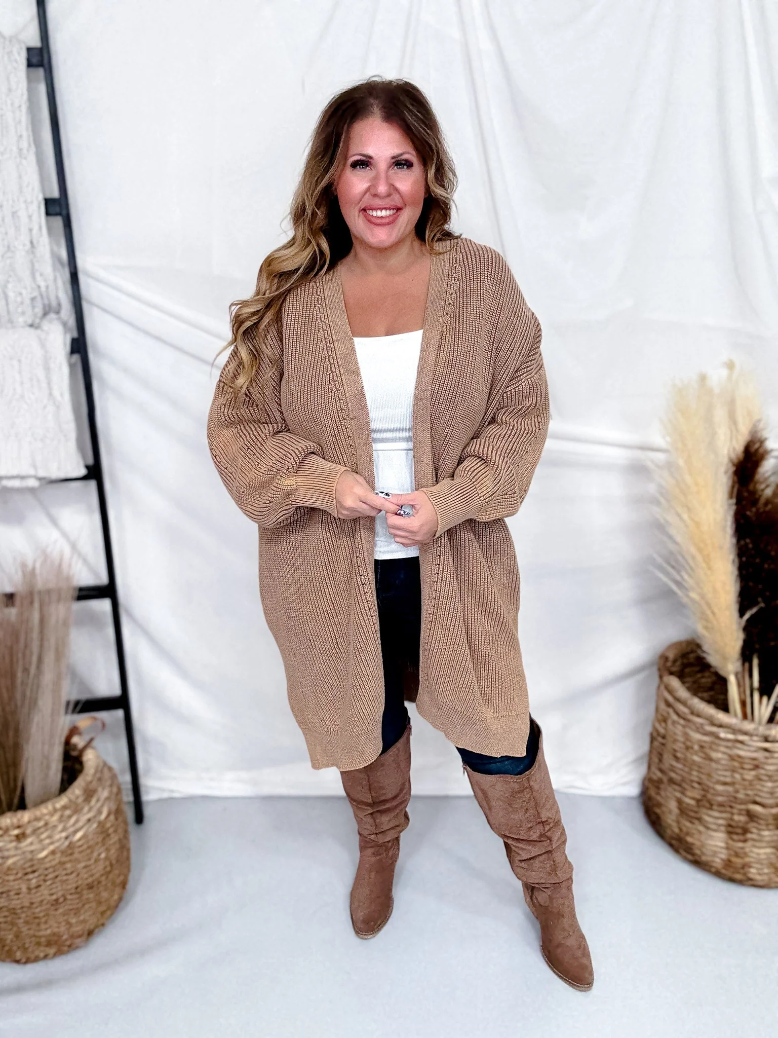 Washed Ash Brown Long Sleeve Open Cardigan W/ Side Pockets FINAL SALE - Image 5
