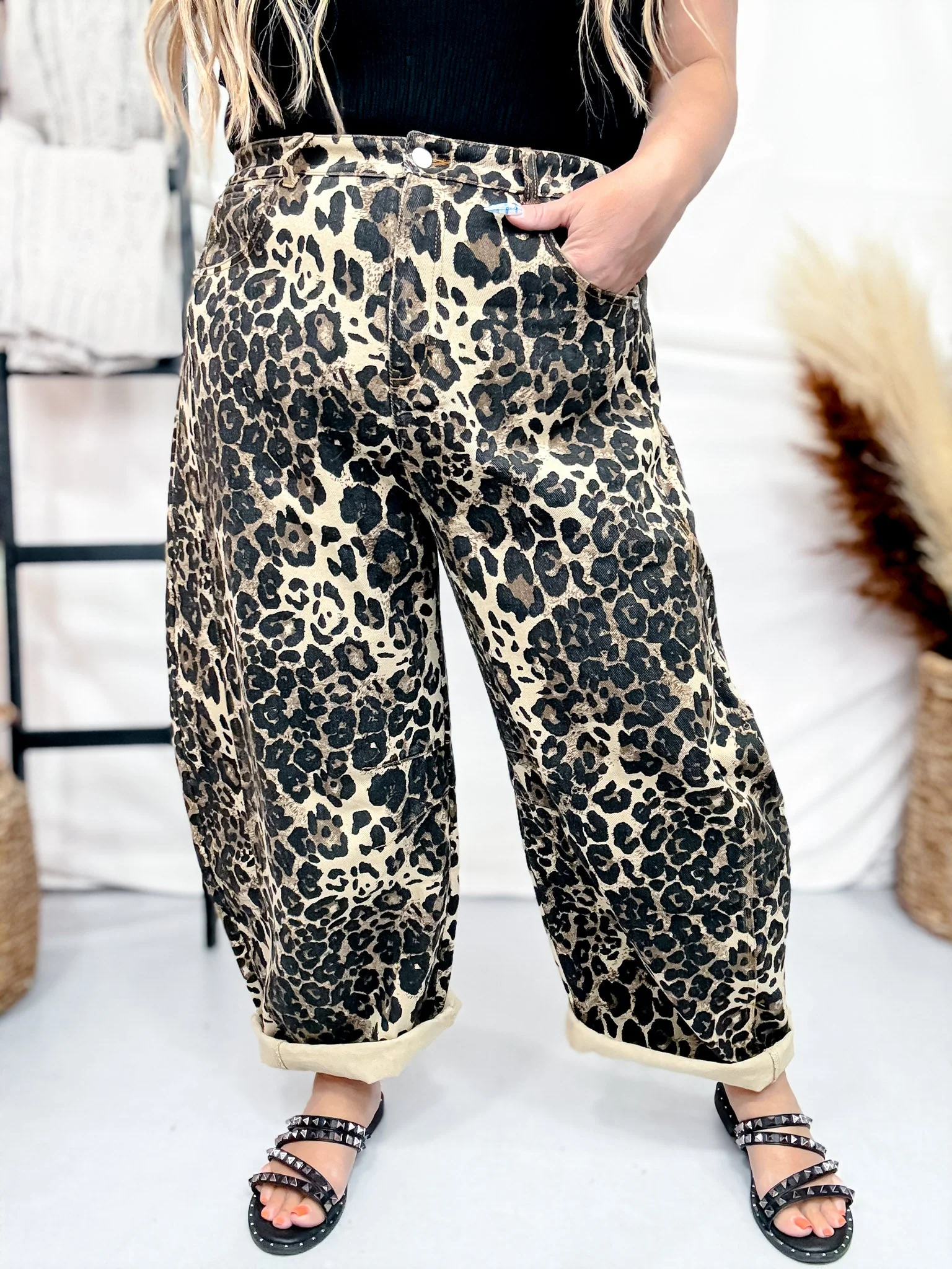 Washed Leopard Printed Barrel Leg Jeans FINAL SALE - Image 10