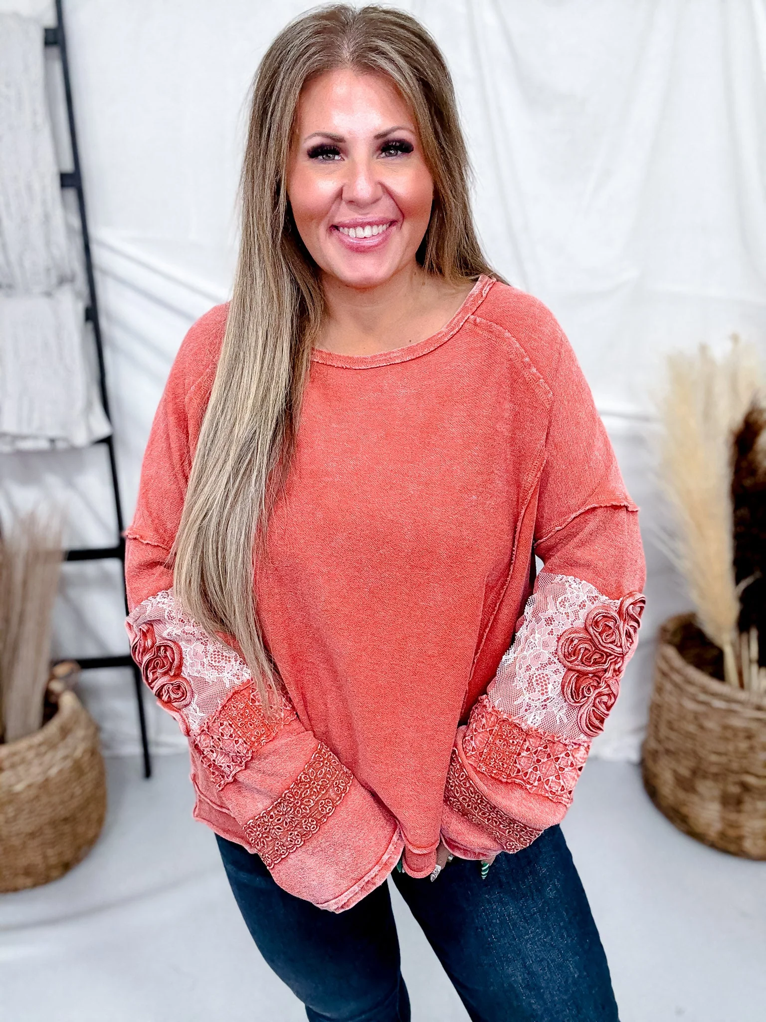 Washed Terry Pullover With Lace & Floral Embellishments In Brick FINAL SALE - Image 4