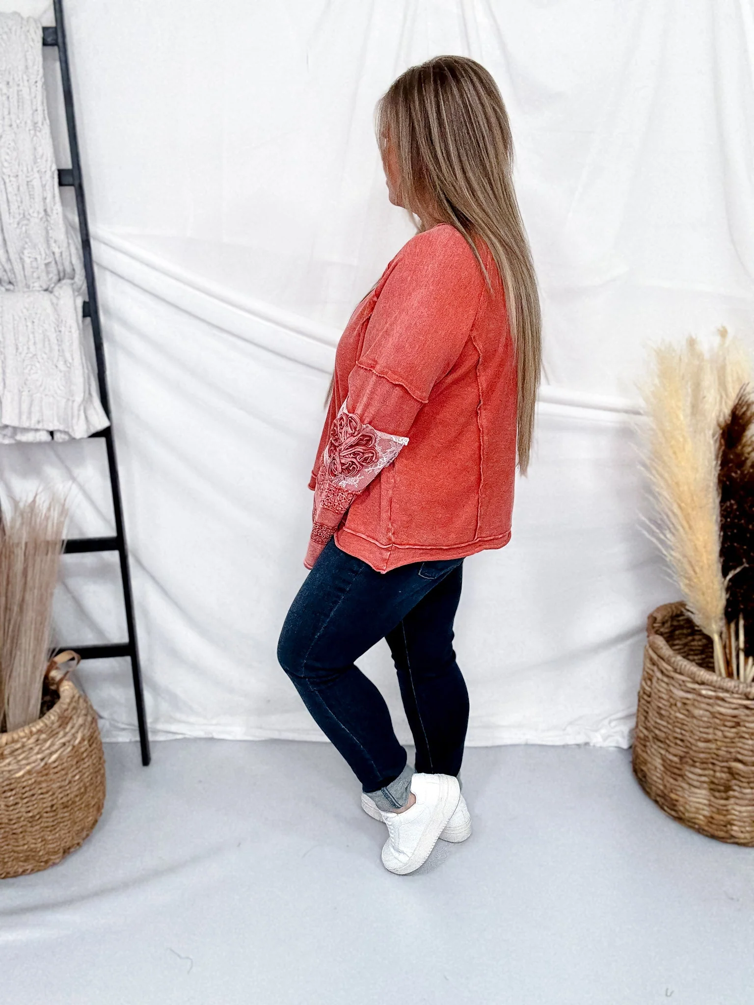 Washed Terry Pullover With Lace & Floral Embellishments In Brick FINAL SALE - Image 7