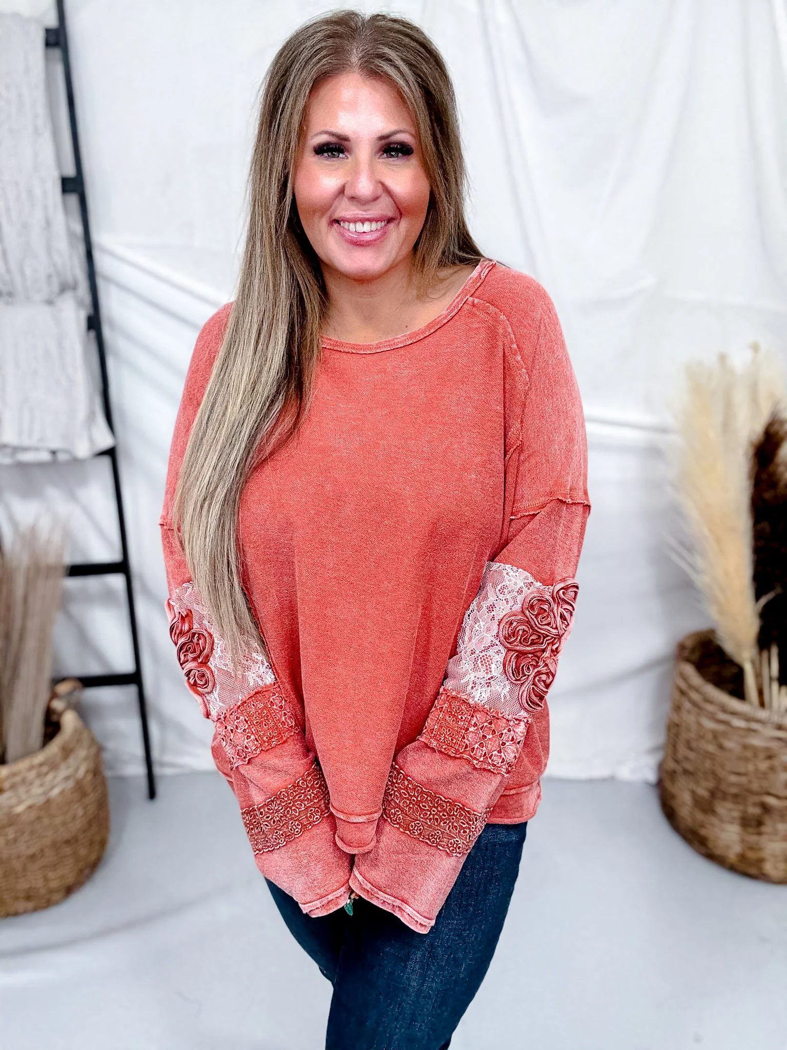 Washed Terry Pullover With Lace & Floral Embellishments In Brick FINAL SALE - Image 9