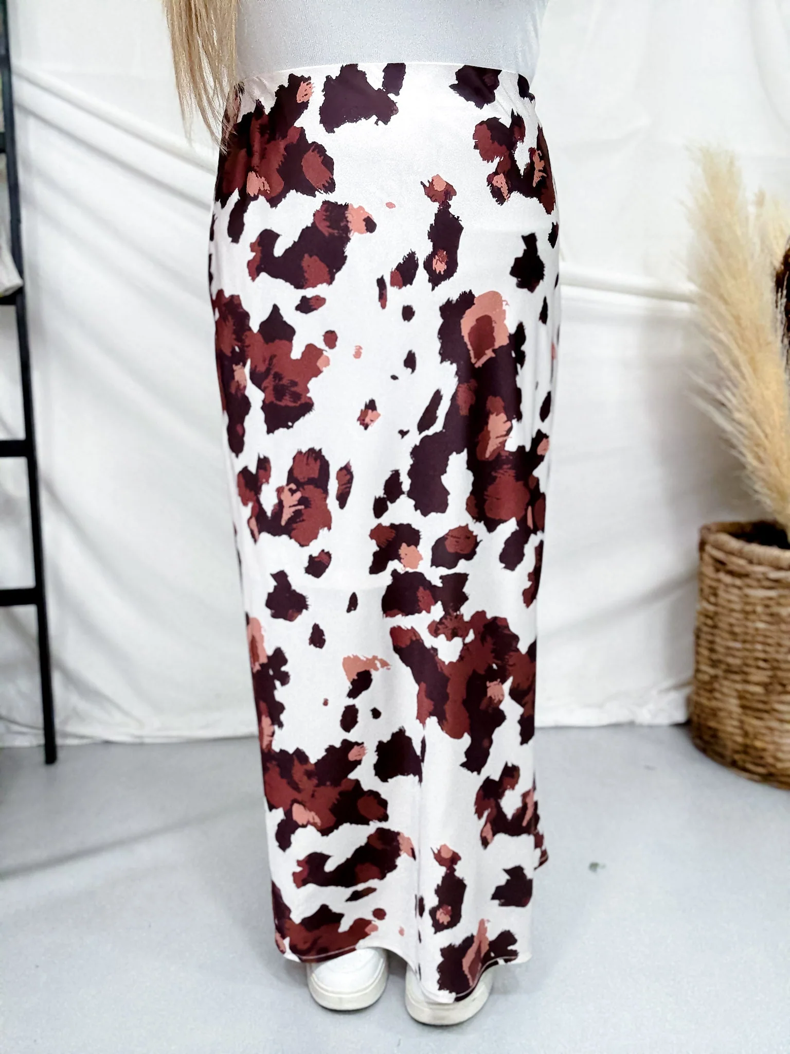 White & Brown Cow Print Satin Maxi Skirt - Image 2