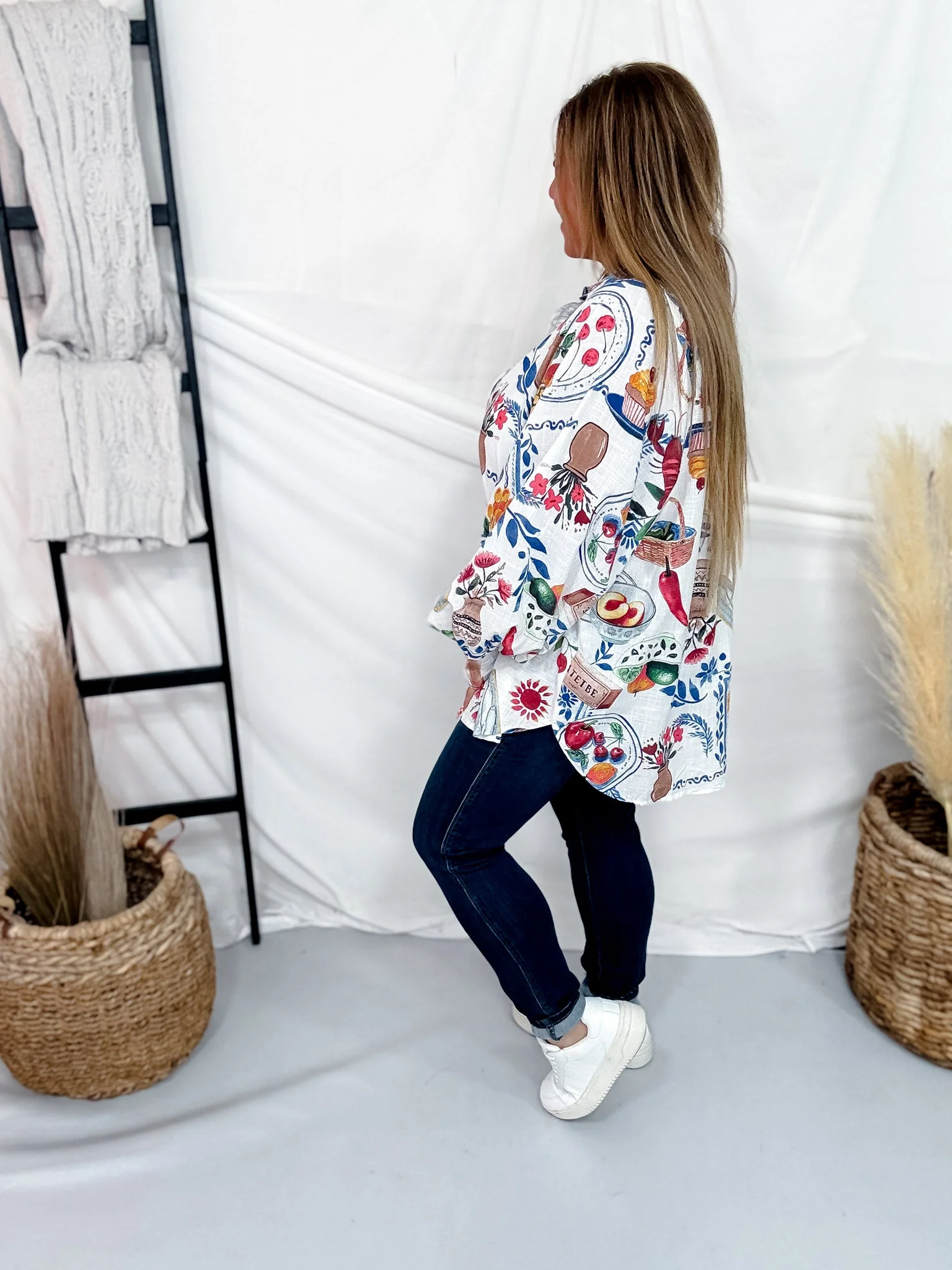 White Linen Button Down Top With Artistic Food Print FINAL SALE - Image 5