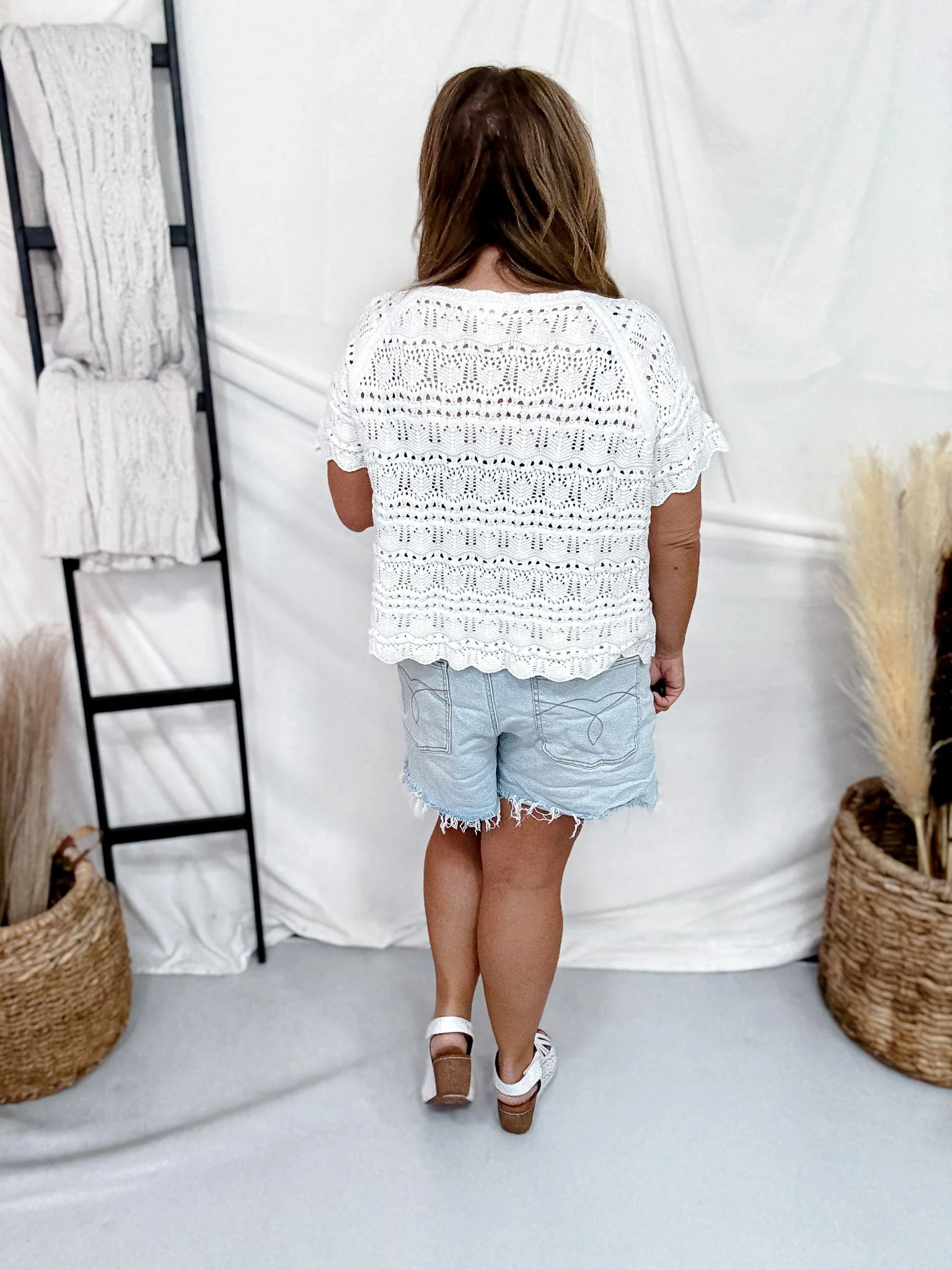 White Pointelle Knit Short Sleeve Cardigan With Bow Tie Closures - Image 6