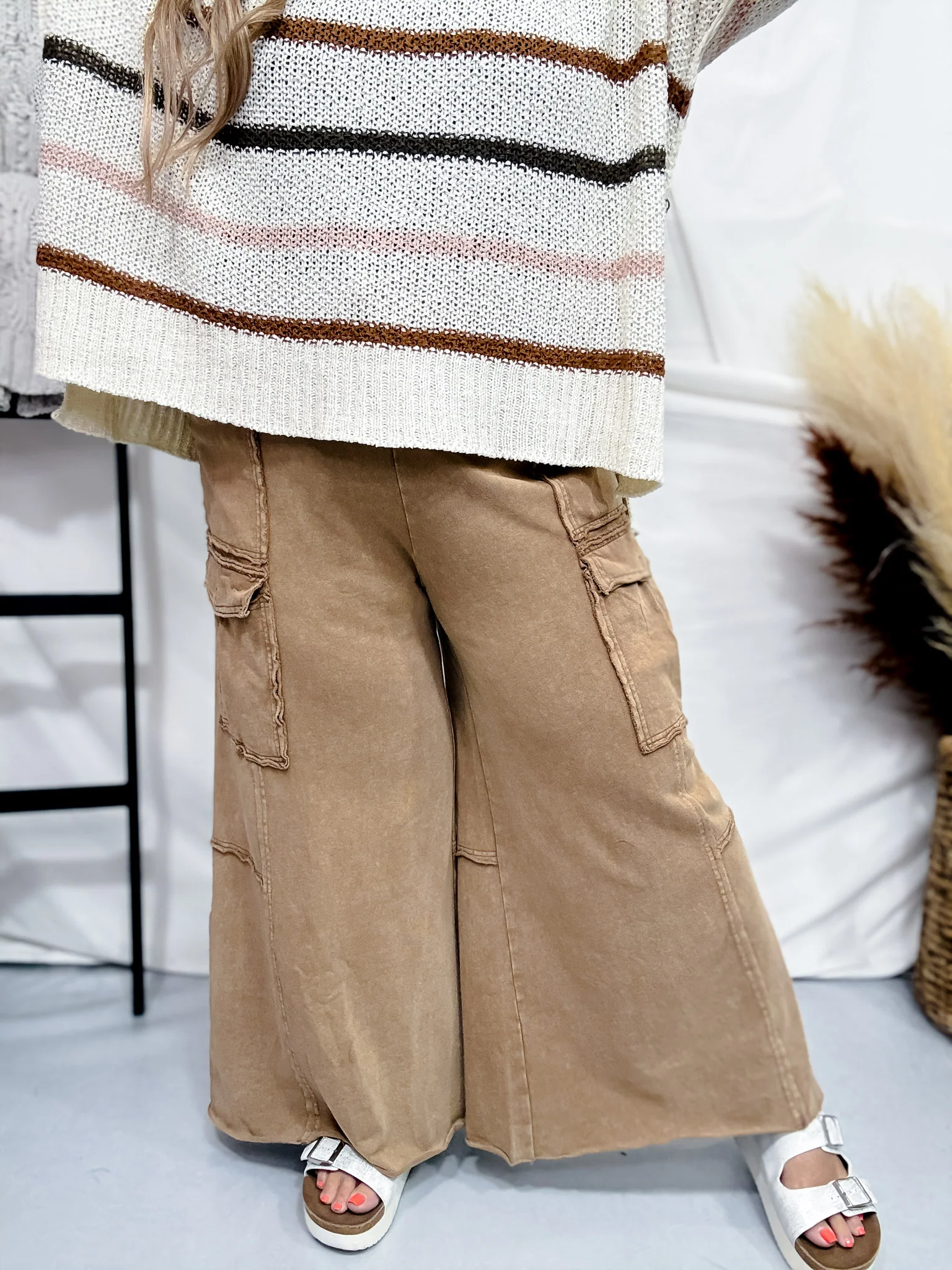 Wide Leg Terry Knit Pull on Cargo Pants in Latte - Image 3