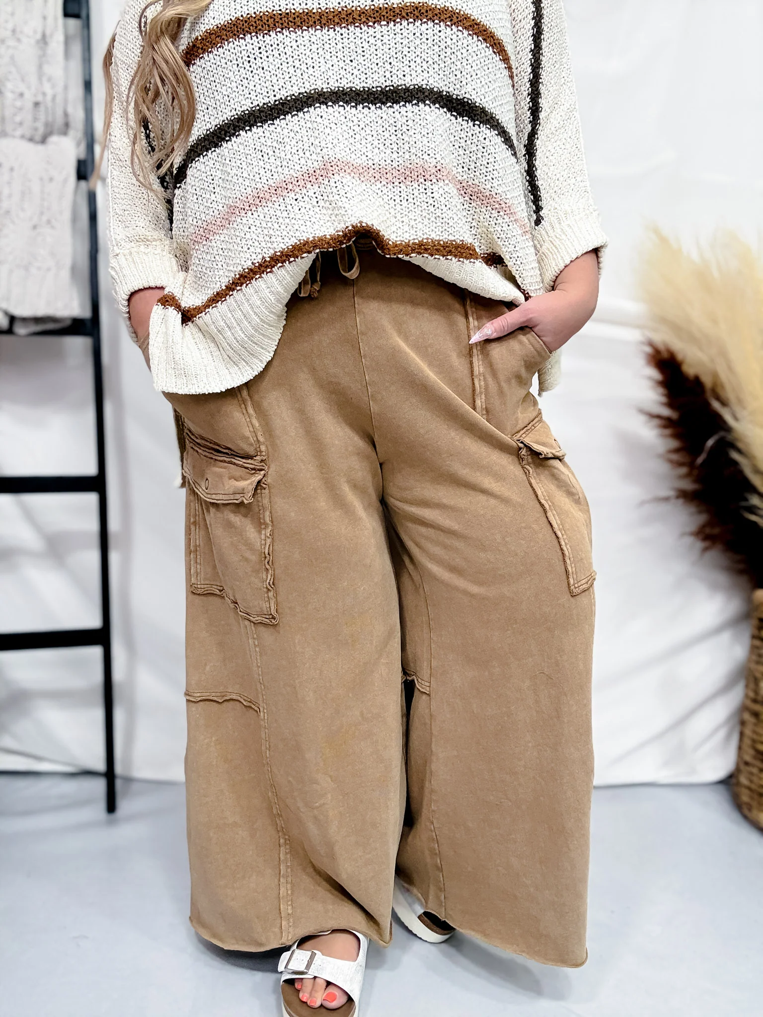 Wide Leg Terry Knit Pull on Cargo Pants in Latte - Image 4