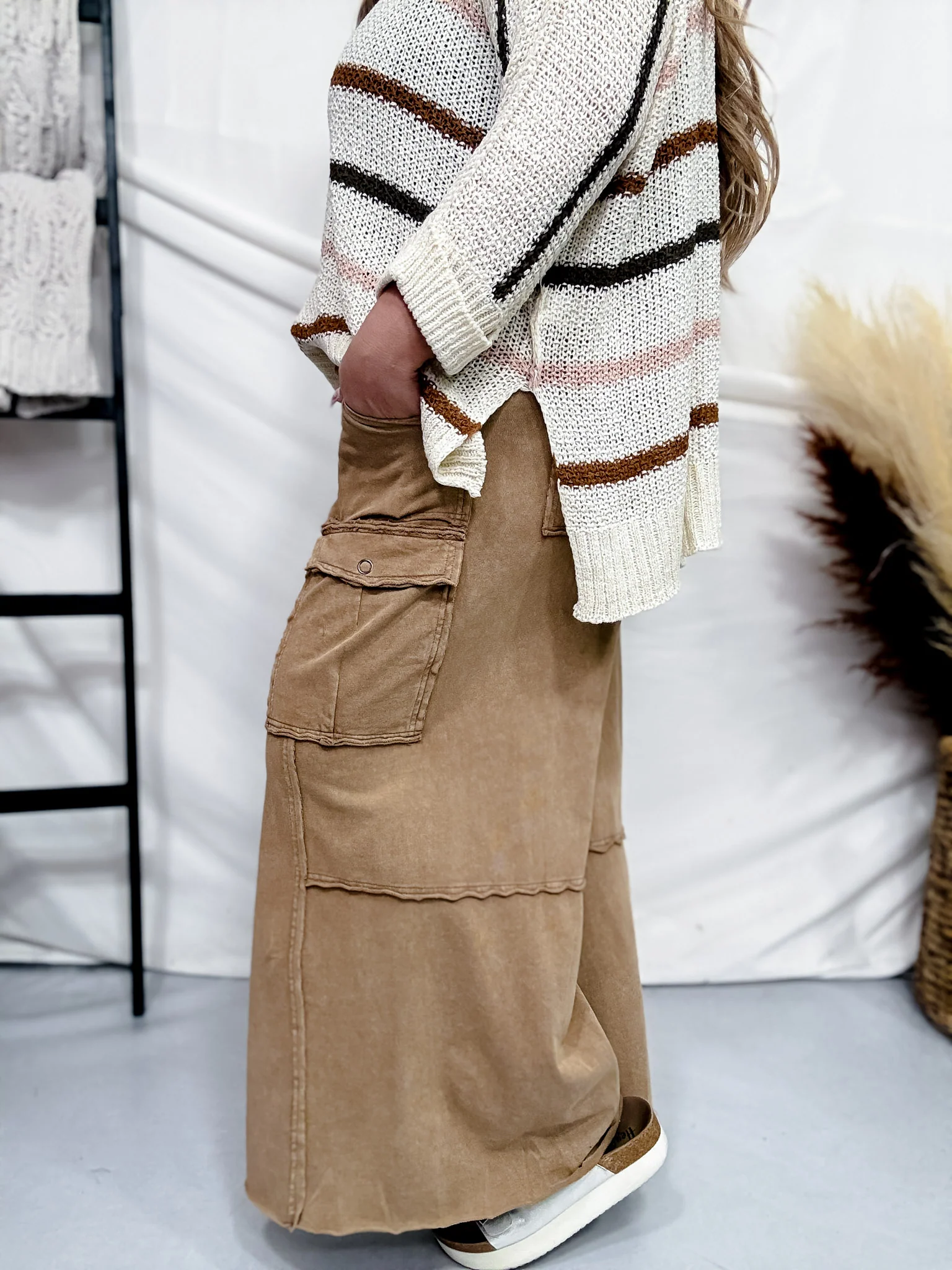 Wide Leg Terry Knit Pull on Cargo Pants in Latte - Image 5