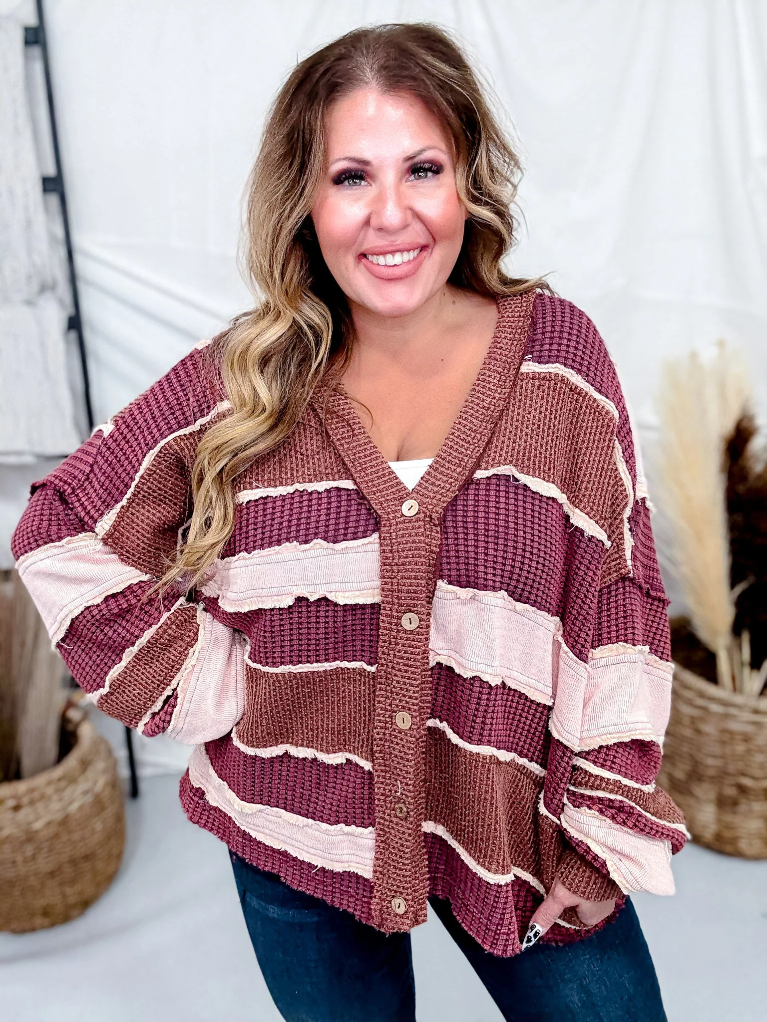 Wine, Blush, & Mauve Washed Color Block & Patchwork Cardigan FINAL SALE - Image 5