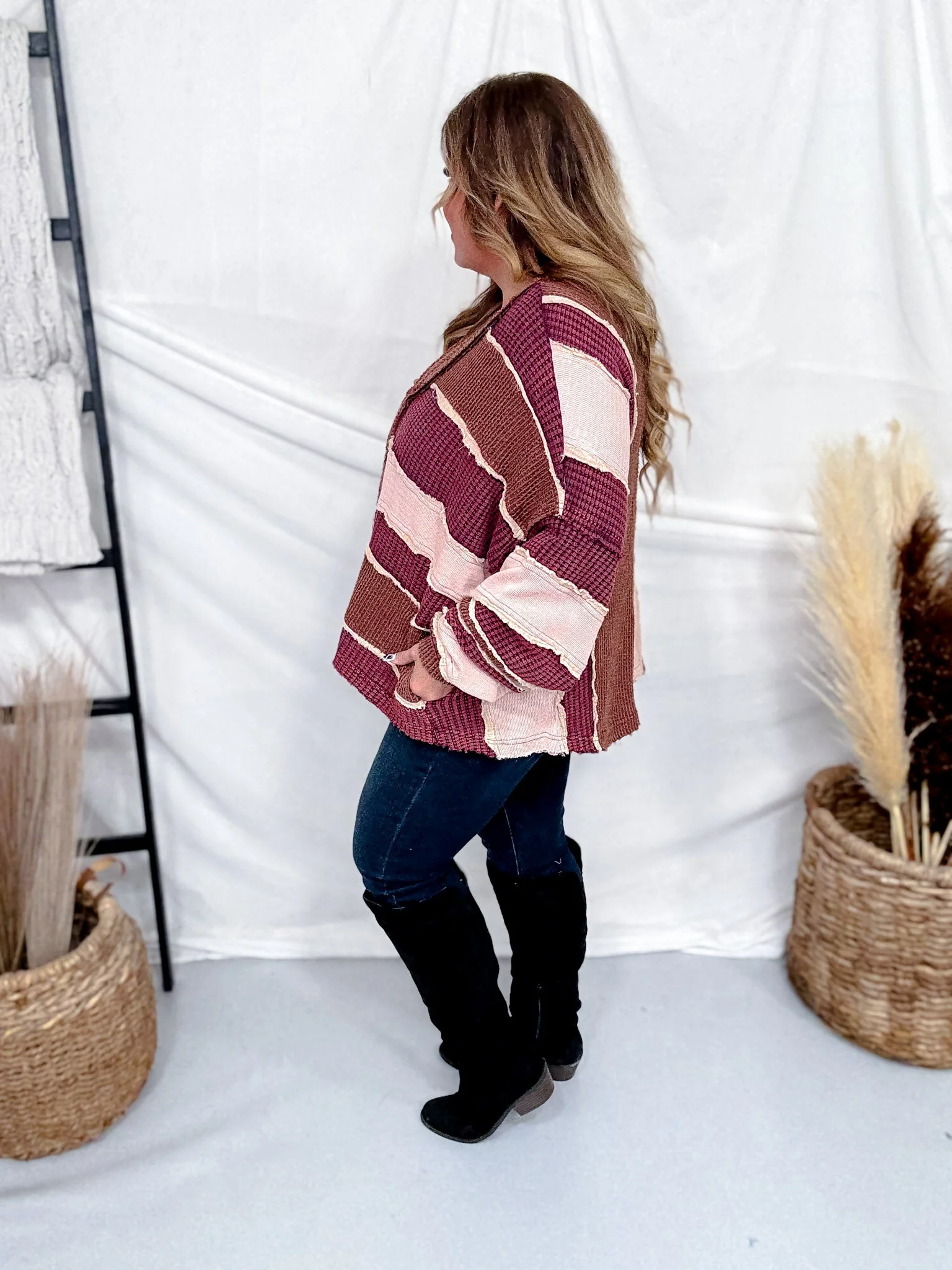 Wine, Blush, & Mauve Washed Color Block & Patchwork Cardigan FINAL SALE - Image 6