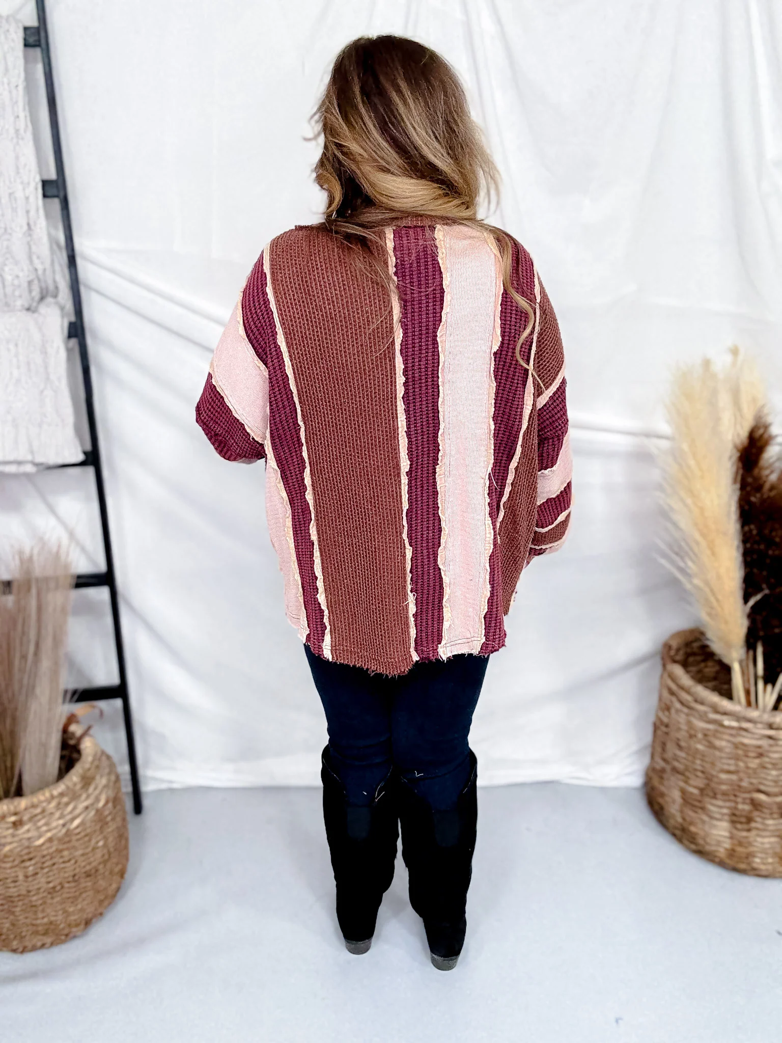 Wine, Blush, & Mauve Washed Color Block & Patchwork Cardigan FINAL SALE - Image 7