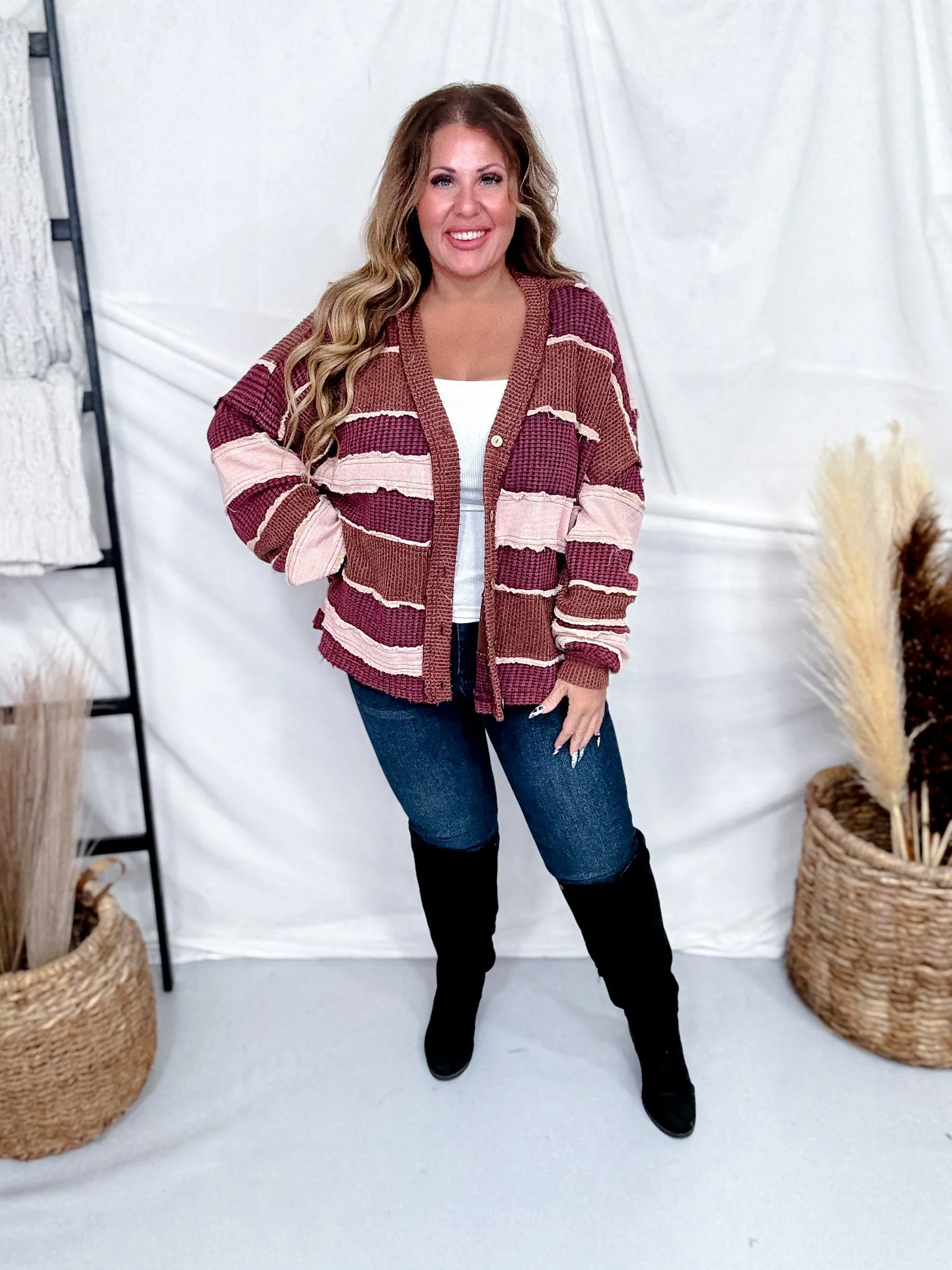 Wine, Blush, & Mauve Washed Color Block & Patchwork Cardigan FINAL SALE - Image 8