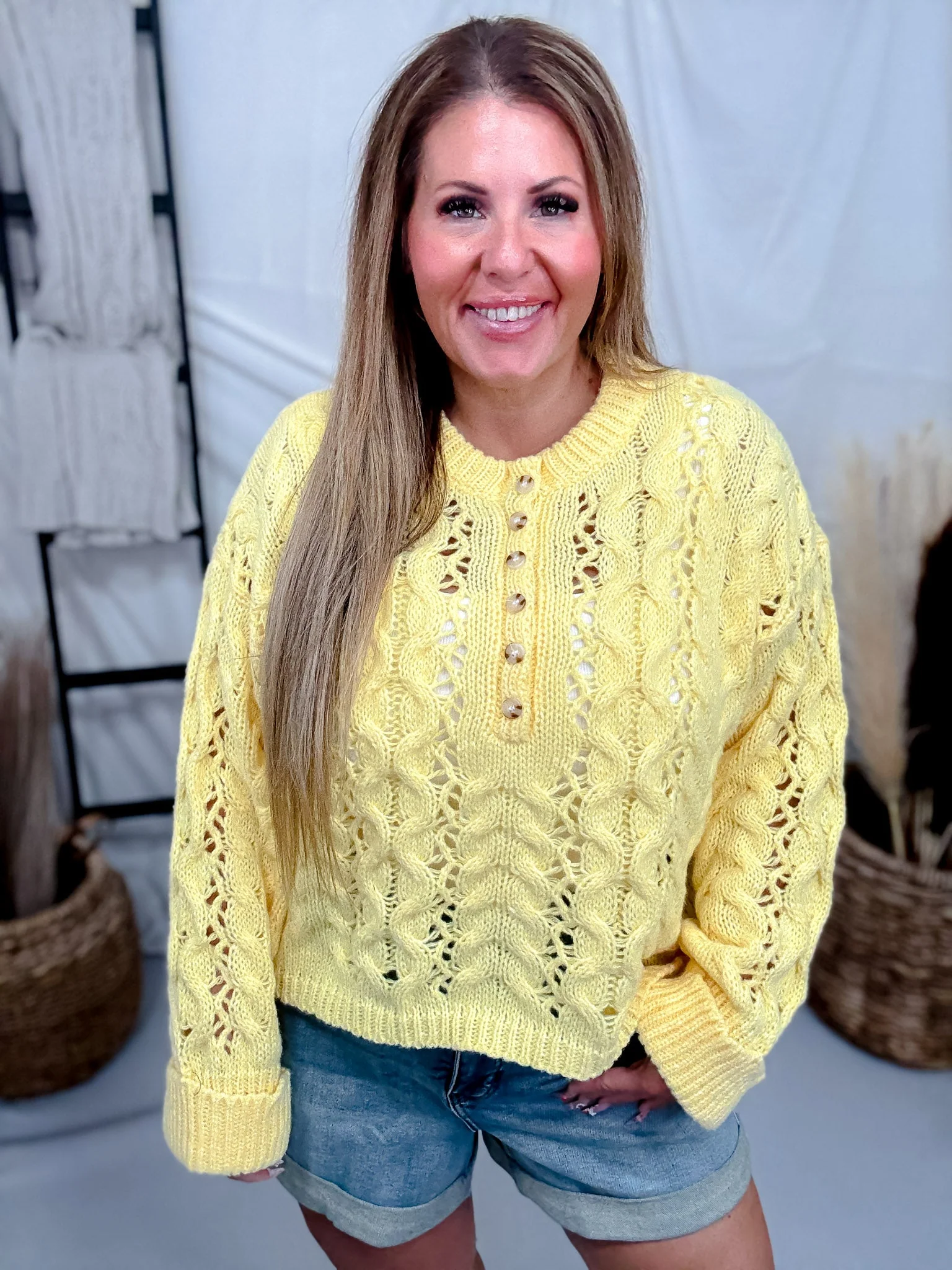Yellow Cable Knit Sweater With Rolled Sleeves