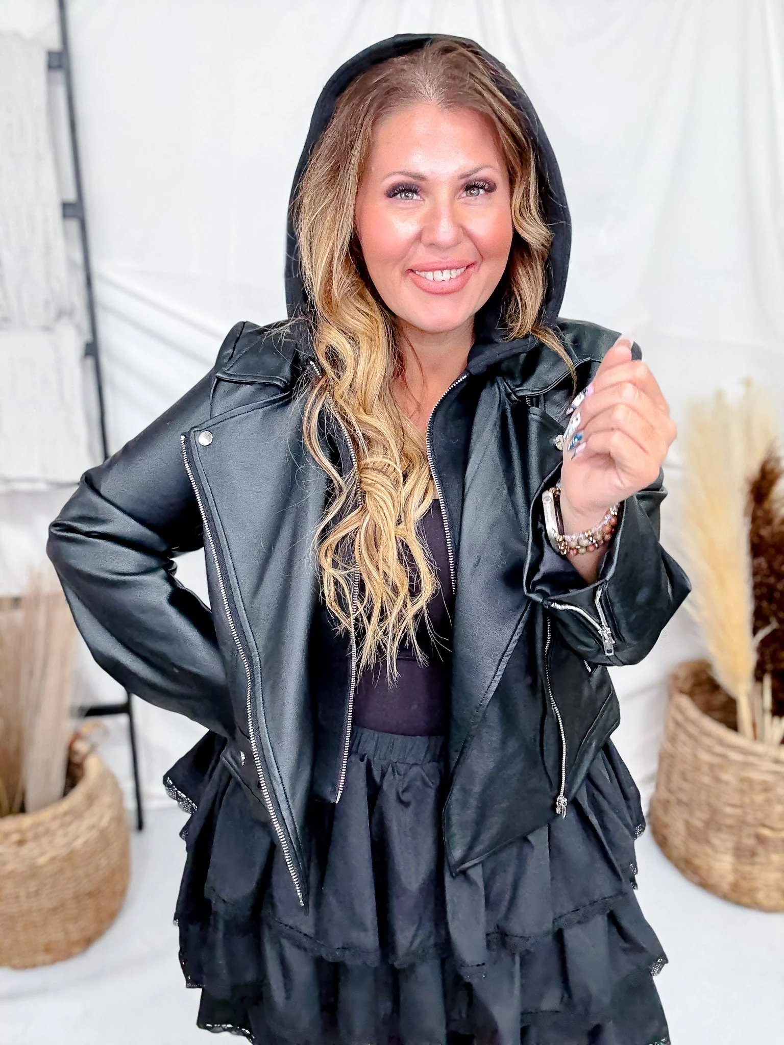 Zip Up Hooded Black Faux Leather Jacket FINAL SALE - Image 5